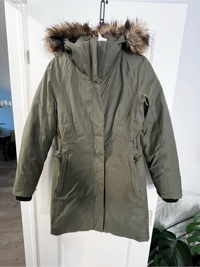 North Face Olive Green Hooded Parka Coat with Faux Fur Trim